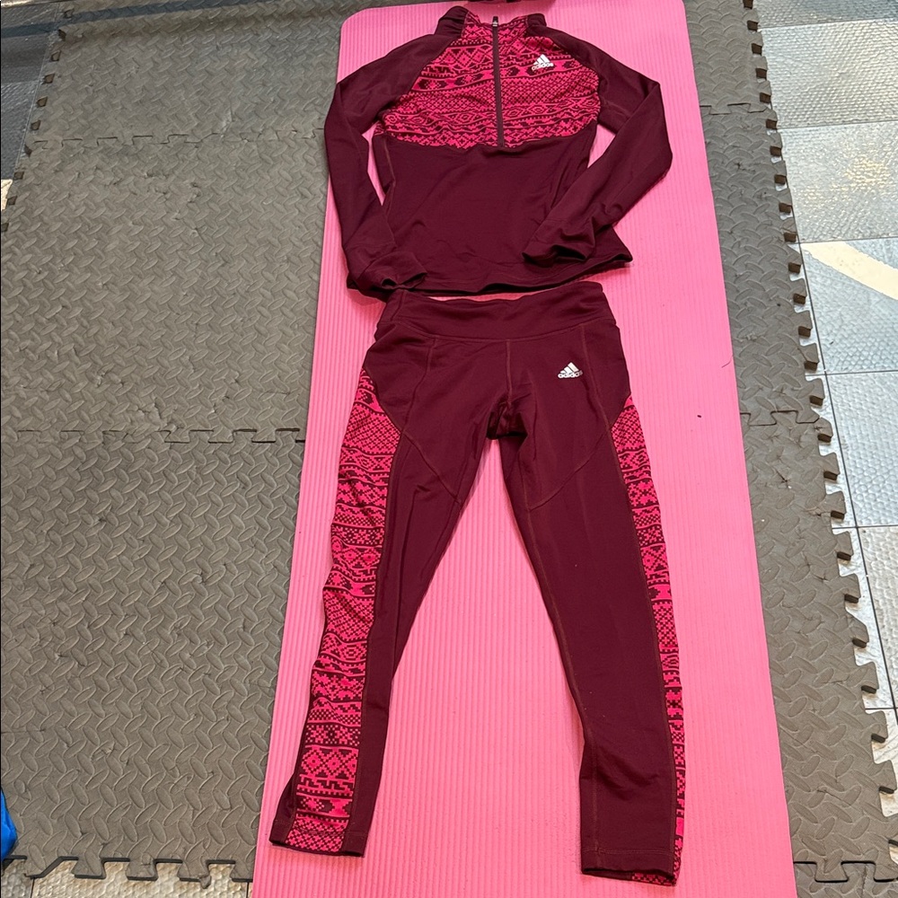 Adidas Maroon and Pink Geometric Activewear Set